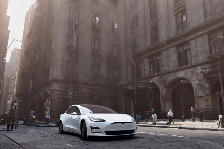 A Tesla 'Model Y' is parked, near the 'Central Synagogue' in New York City. (CINEMATIC, WIDE ANGLE LENS, PHOTO REAL)