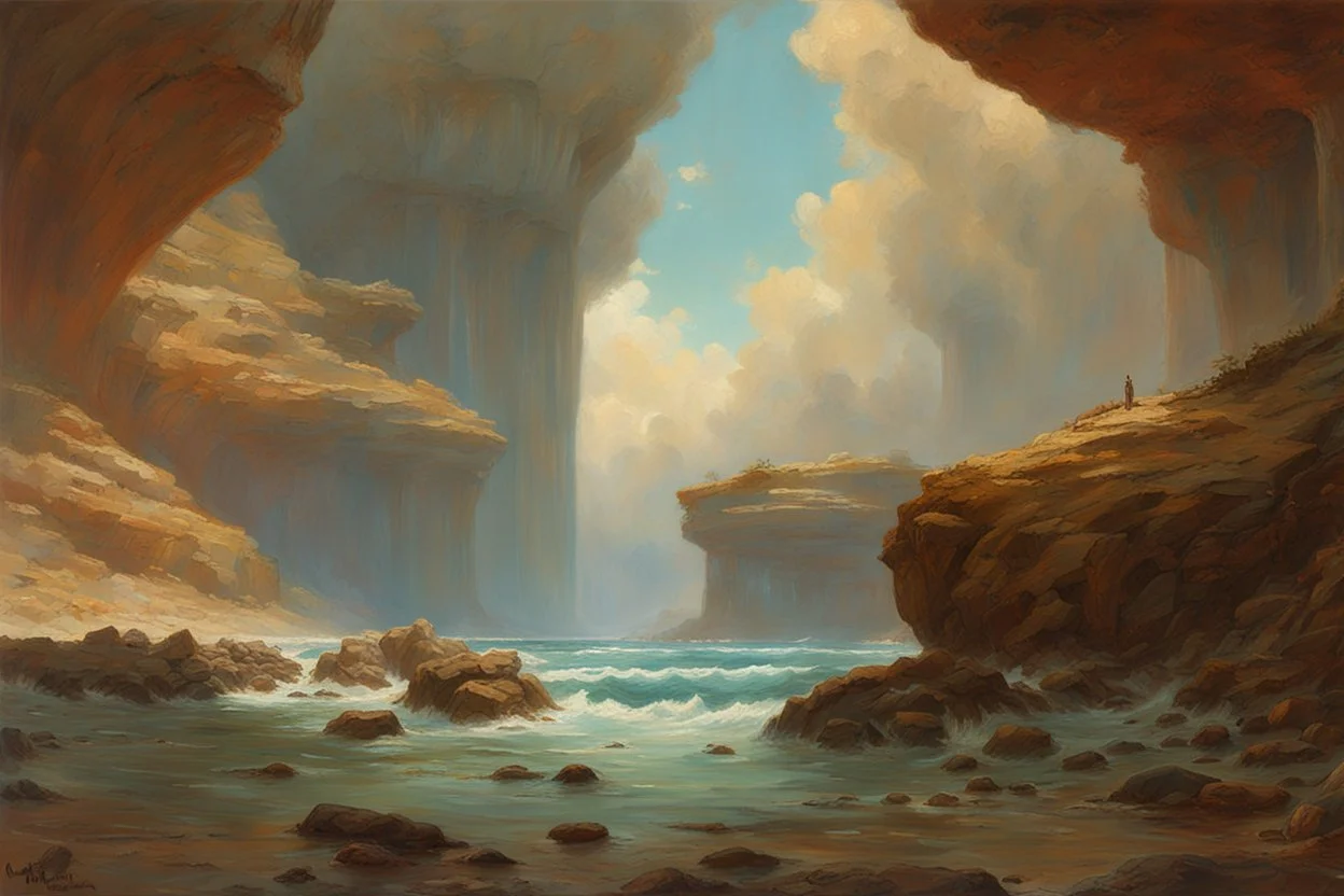 Clouds, rocks, cliffs, rocky land, sci-fi and fantasy, beyond and trascendent, 90's sci-fi movies influence, rodolphe wytsman and charles leickert impressionism paintings