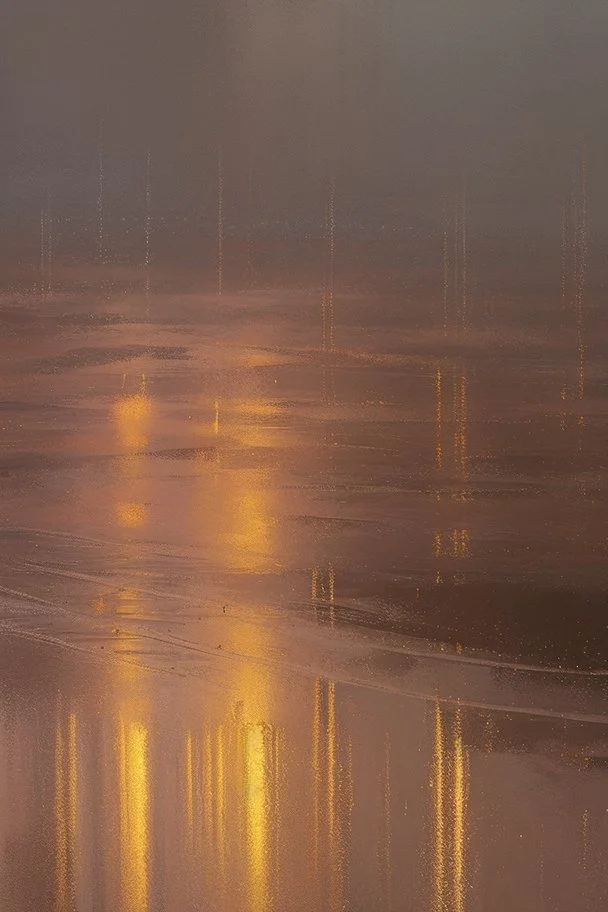 Oil painting, rain falling and turning anything that the rain touches into gold