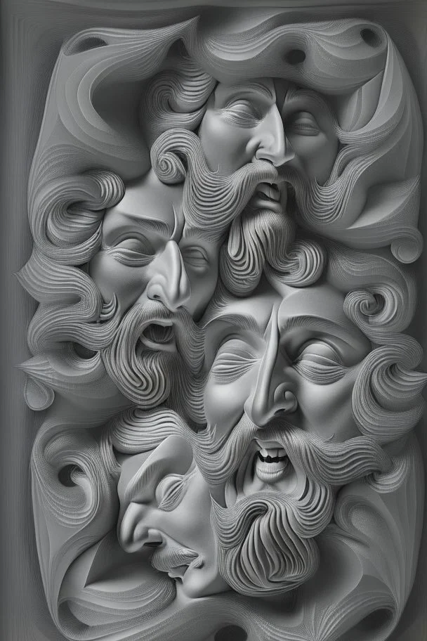 surreal poetic composition with multiple human bearded smiling faces with closed eyes, , 3D, high-relief, in the style of M.C.Escher, optical art, photorealistic, ambient occlusion, top light, black background , high contrast, symmetrical