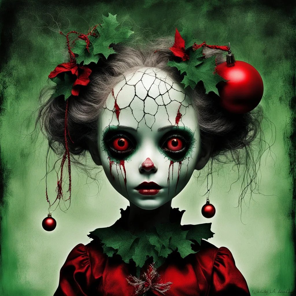 by Chris Friel and Dave McKean and Tim Burton, creepy porcelain doll queen of an Underworld Christmas theme, cracked face, dramatic and scary, color ink illustration, mistletoe, red and green color scheme, eerie, doll phobia, horror, surreal, gritty, Christmas in Hell theme