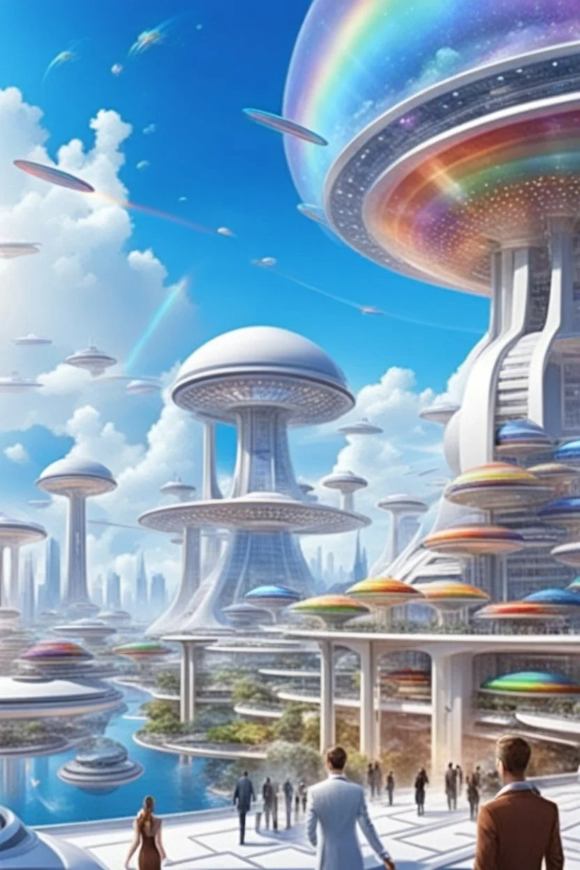 ville futuriste ultra moderne, ufos, rainbows,intergalactic city