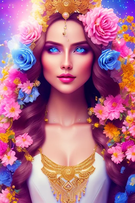 Beautyful smiling young woman, long hair amazing blue eyes, flowers, happy cosmic, bright colors, blue, pink, gold, jewels, realistic, photo real, clear sunny background, highly detailed, high contrast, 8k high definition, unreal engine 5, extremely sharp detail, light effect, sunny light backgroundgold, jewels, realistic, photo real, clear sunny background, highly detailed, high contrast, 8k h