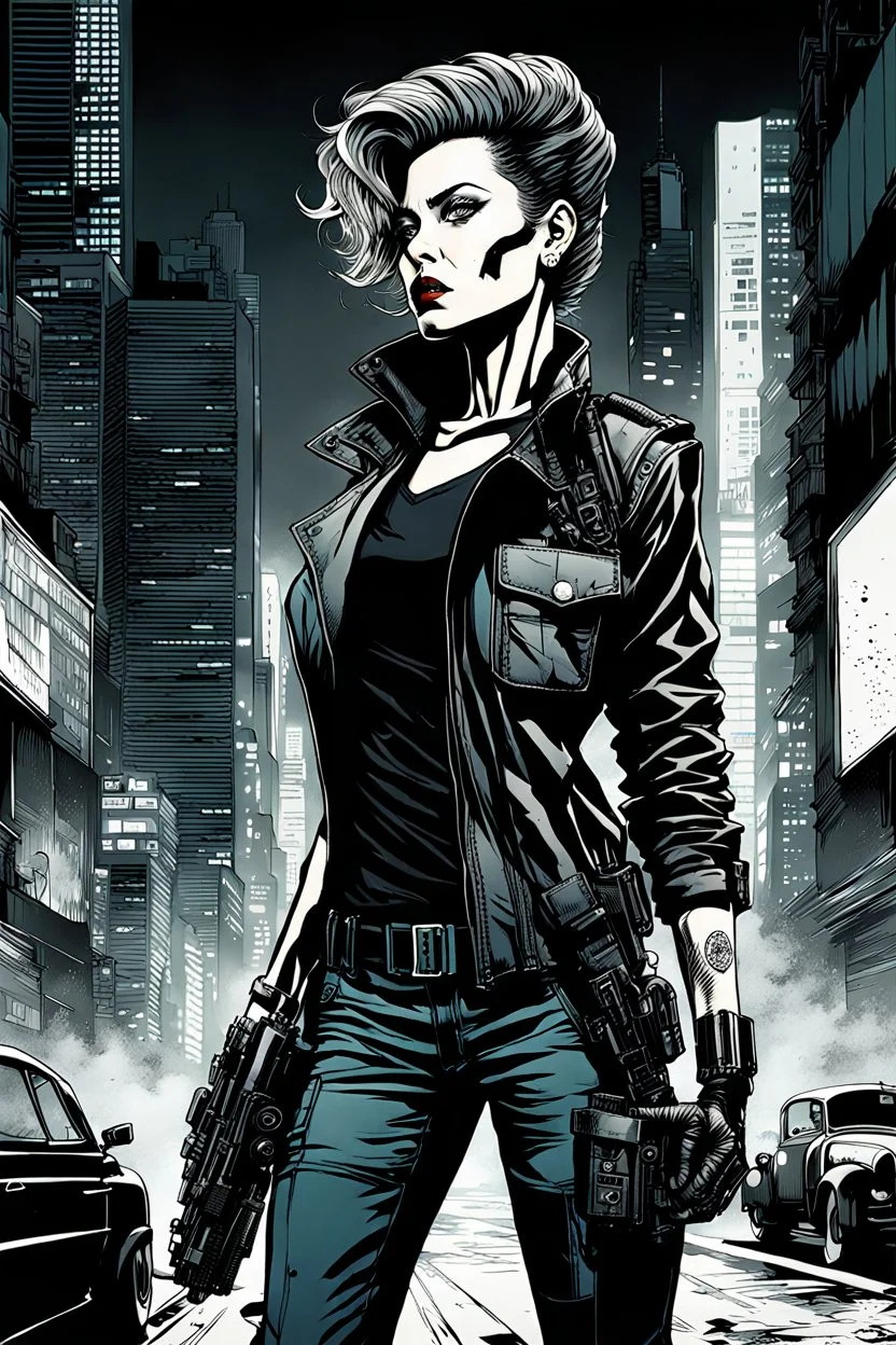 create a film noir style full body portrait illustration of a female cyberpunk private detective with prosthetic arm in flak vest, with highly detailed , sharply defined feminine facial features, in a chaotic, turbulent, otherworldly Tokyo in the graphic novel style of FRANK MILLER, and ALBERTO BRECCIA, precisely drawn, inked, with dramatic edges, chiaroscuro , negative space