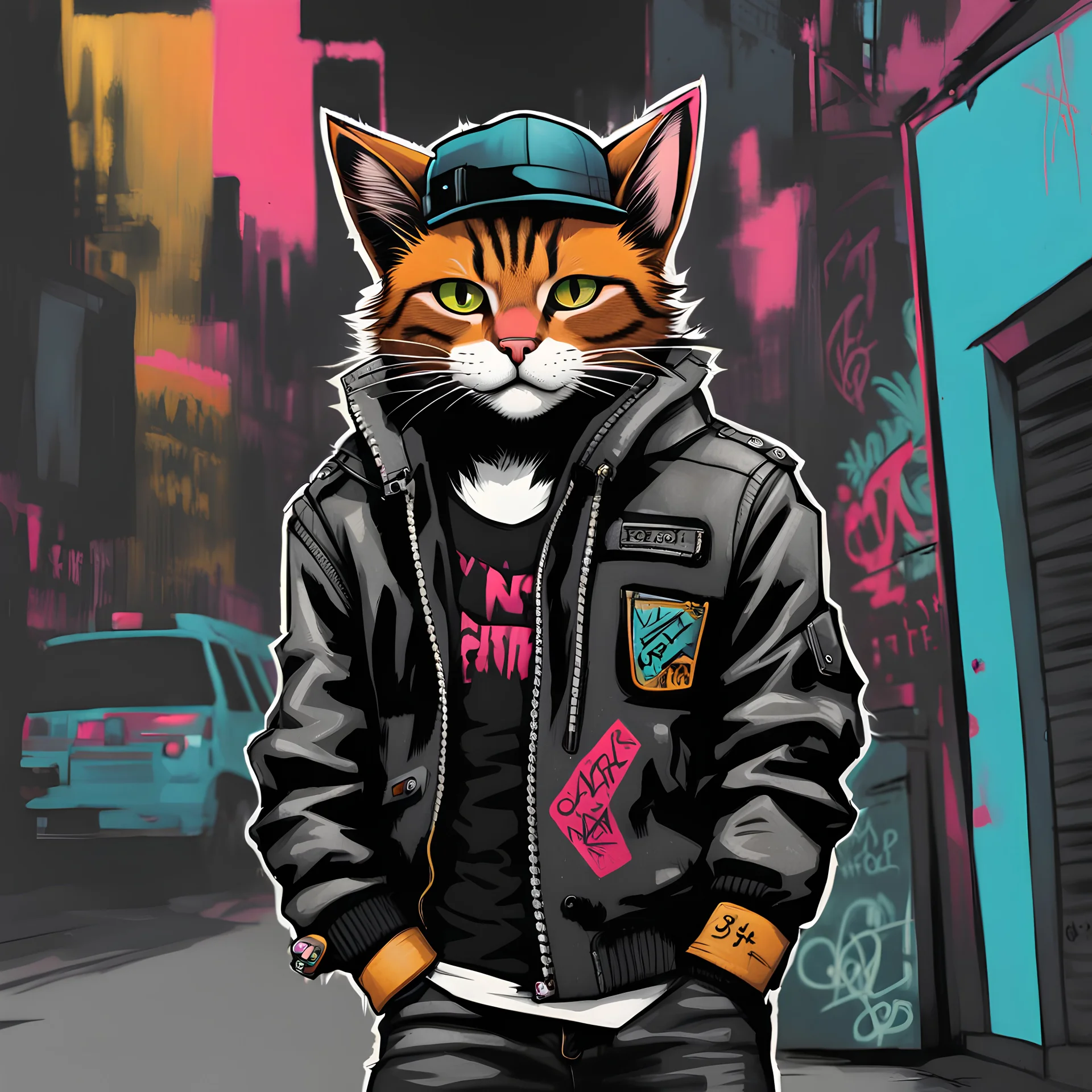 Dibujo de un Cat punk con chaqueta, estilo grafiti , NFT