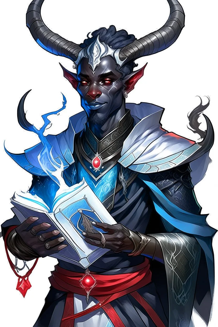 En Young male black skin tiefling fra dnd holding a book with Arcane Magic in a silver and White Rope. His horn a perfectly place on acet from the front to the back pointing upwards with glowing Red cat Eyes glowing Blue Arcane Magic around them ice crystals flowing around him. His close is elegant get simple