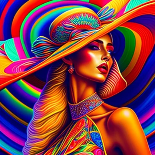 Hermosa mujer con sombrero y vestido coloridos, calidad ultra, hiperdetallado, increíble obra de arte, maximalista,12k