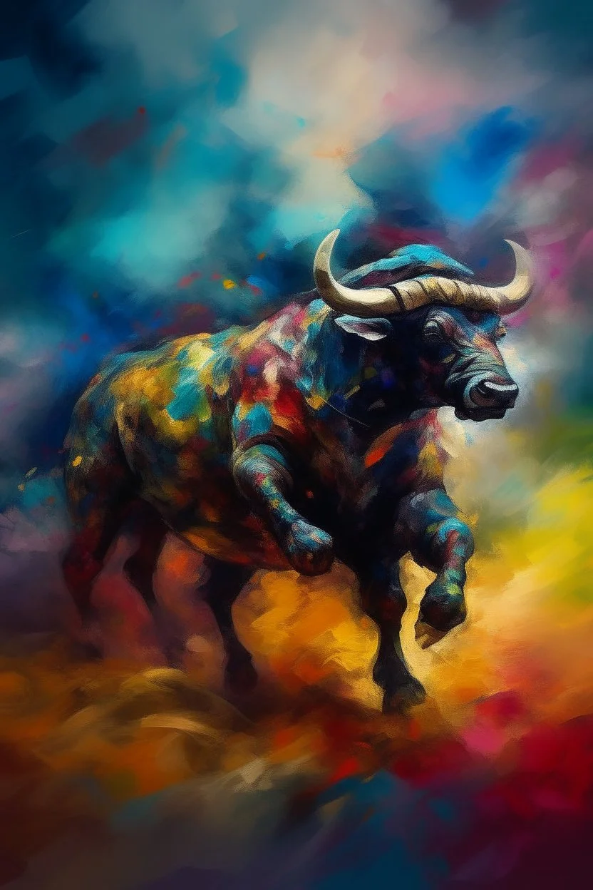 A surreal picture of a Matador bulls fighter , Busch painting style , mystery, anger oil rough brush with thick colors, wearing nucleus with big cross on his chest , colorful clouds in a fighting arena