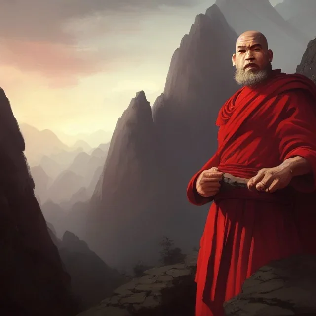 Portrait of a monk, red robe, mountain background, fog, face front, grimdark, Frank Frazetta, Greg Rutkowski, hyperdetailed, dnd, trending on Artstation, Splash screen art, dynamic lighting, hyperdetailed, intricately detailed, a masterpiece, 8k resolution, high contrast, bearded,