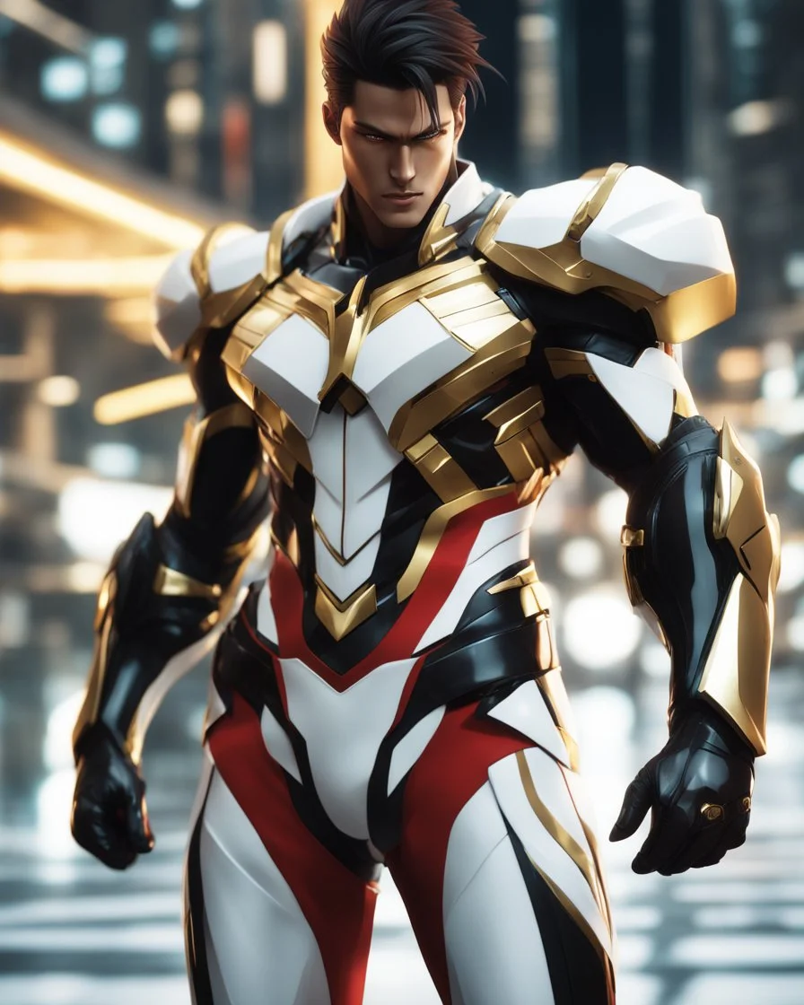 Stunning hyper-realistic anime illustration Powerful male protagonist dressed in striking white, red, black and gold outfit, with obsidian patterns with gold details that emits fascinating energy. Muscular, toned physique accentuated with sleek lines and details. Futuristic cityscape background that contrasts beautifully with her bold outfit. Masterful combination of sci-fi anime aesthetics and 3D rendering