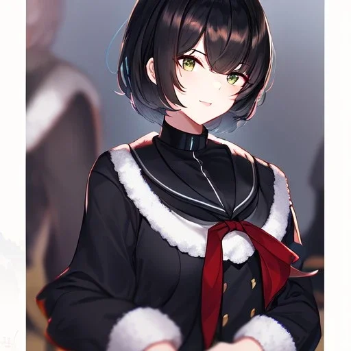 Clear focus, High resolution, fluffy black short hair, dark green eyes, wearing a black sailor uniform and pleated black skirt, fluffy hair, detailed outfit, wearing red makeup