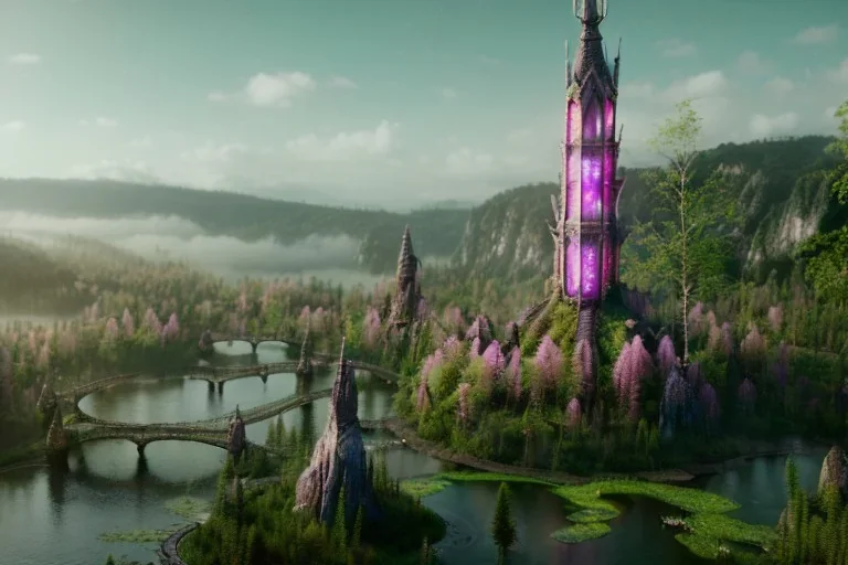 Magical fantasy elven city tower forest rivendell tree flower pink green yellow beautiful nature river 4k full hd