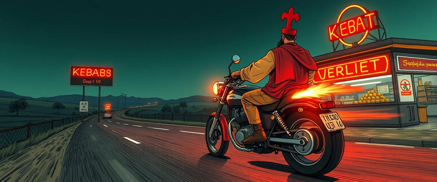 The kebab man driving fast on his holy motorcycle, fire from the exhaust, holy widescreen picture, holy empty road on the holy country at night, comic style, no helmet and he have a long holy black beard, neon kebab signs along the road, jesus stand at his market stand selling holy kebabs, simon stålenhag style