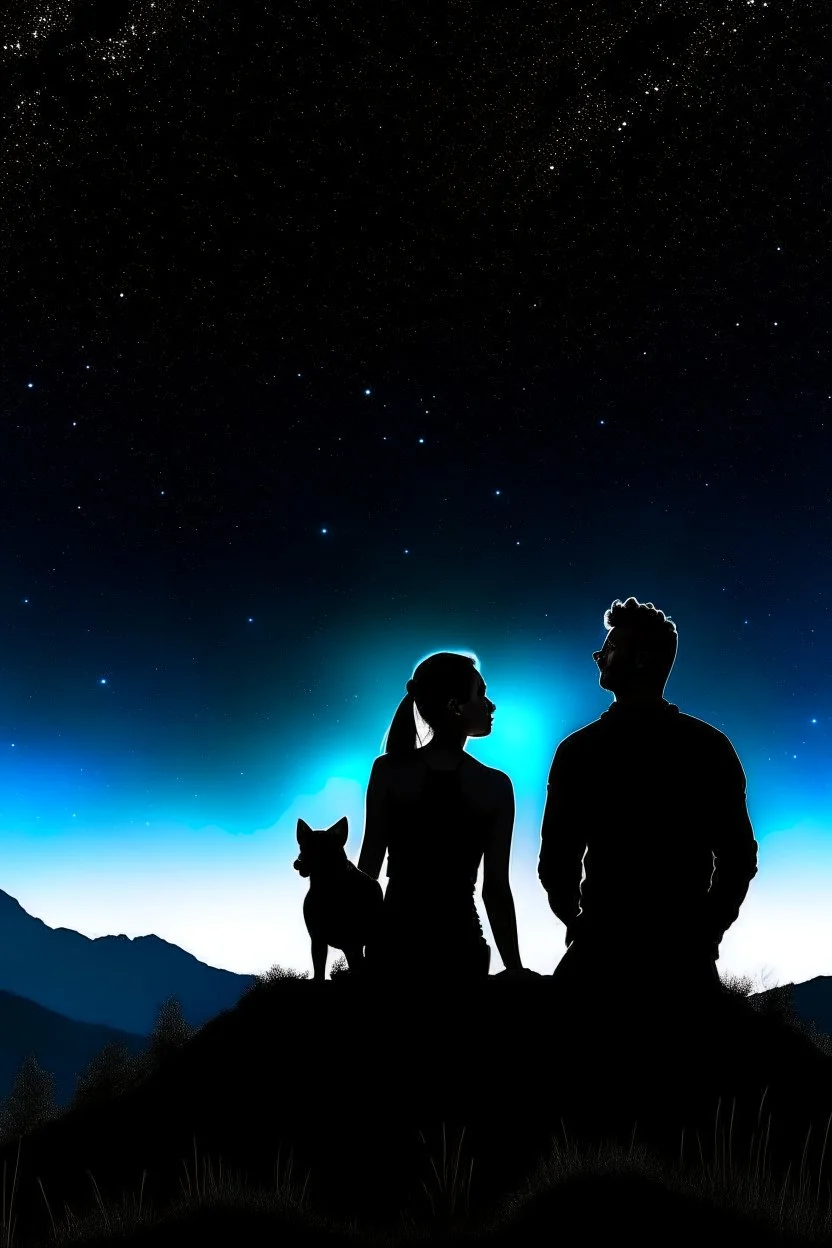 black background on a mountaintop and three sitting silhouettes of a fit man, a silhouette of a fit woman, and silhouette of a Belgian malinois sitting the woman looking at the stars