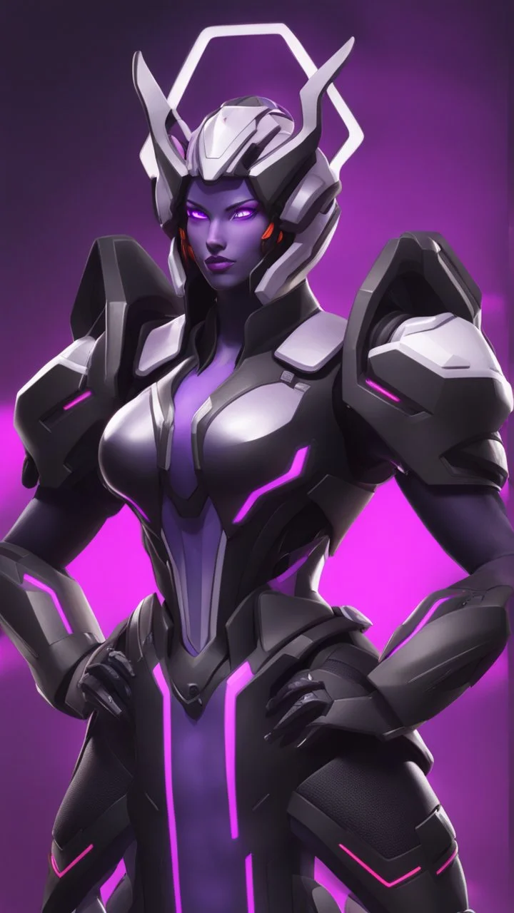 A close picture to Ramattra nemesis form in overwatch art style with black color and neon purple details