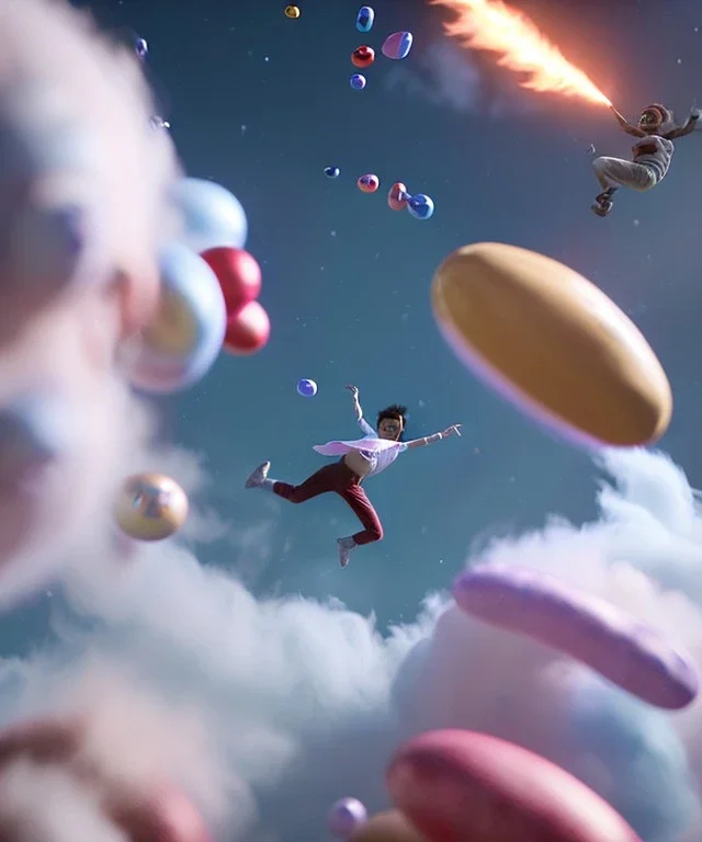 Ultra realistic speed clouds sky scene, wide angle view, strong men falling down with many Childs, circus clothing style, feather color clothing, free jumping flying, many trinkets, hair monster, many jelly beans, balls, color smoke, smile, happy, extreme, wind, clouds sea, 20,000 feet altitude, stratosphere, soft color, highly detailed, unreal engine 5, ray tracing, RTX, lumen lighting, ultra detail, volumetric lighting, 3d, finely drawn, high definition, high resolution.