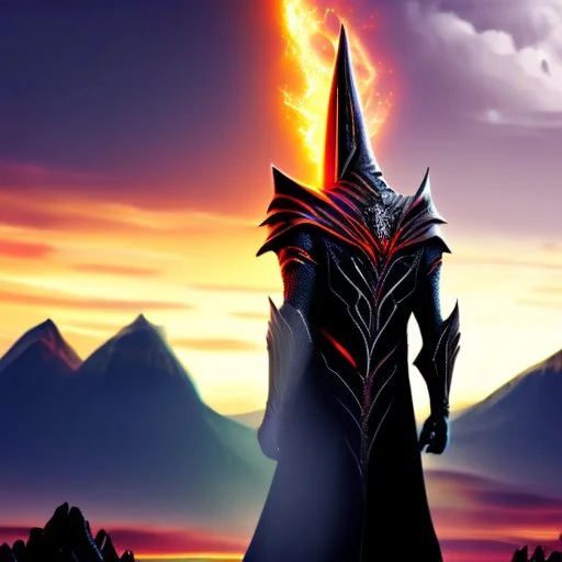 Sauron the mighty lord of darkness standing on a rock in the dark land of Mordor,A superhero MAN with infinite power and technology from the galactic race