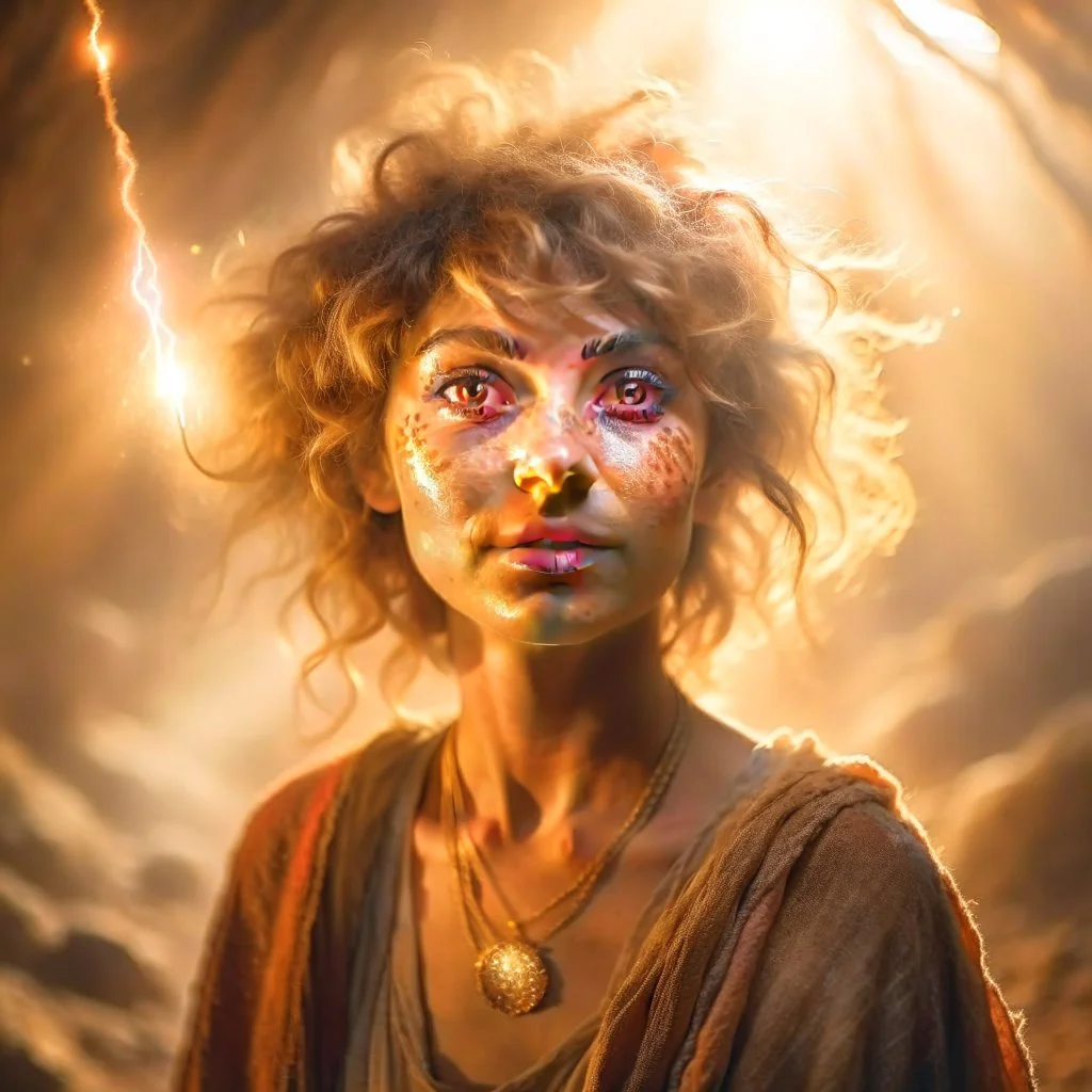 portrait of brown hippie pixie hovering in the underground grove sparkling light dust, in the style of dali, 8k, down-light, soft light, depth of field, photo realism, trending on art station, high detail, smoke and fog