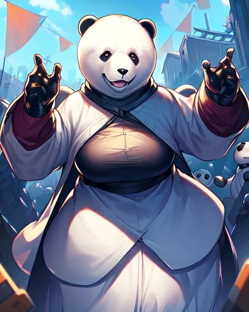 Cool Panda assassin boss in clothes game character, dark lighting , Blender, octane render, high quality masterpiece