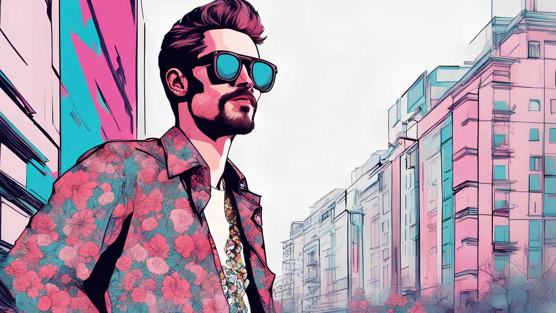 a man wearing sunglasses and a floral shirt, high quality portrait, editorial photograph, cool face, beksinsky, official artwork, enes dirig, nekro petros afshar, neon operator, sythwave, editorial image, atmoshperic, deiv calviz, near future, very high contrast, profile image, cool looking, wearing shades