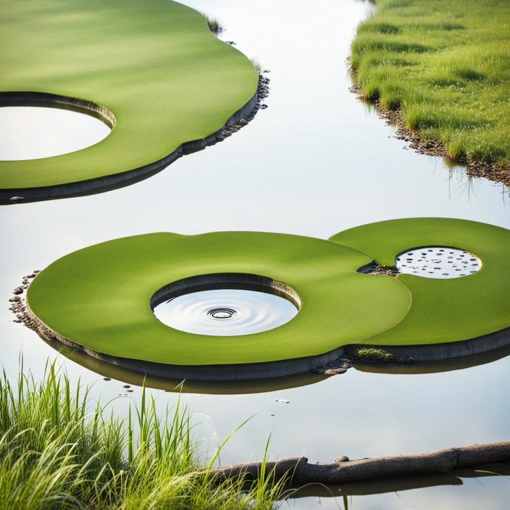 country side a calm lake ,a circular heavy plate with circle holes on it falls in the lake water and splashes of water