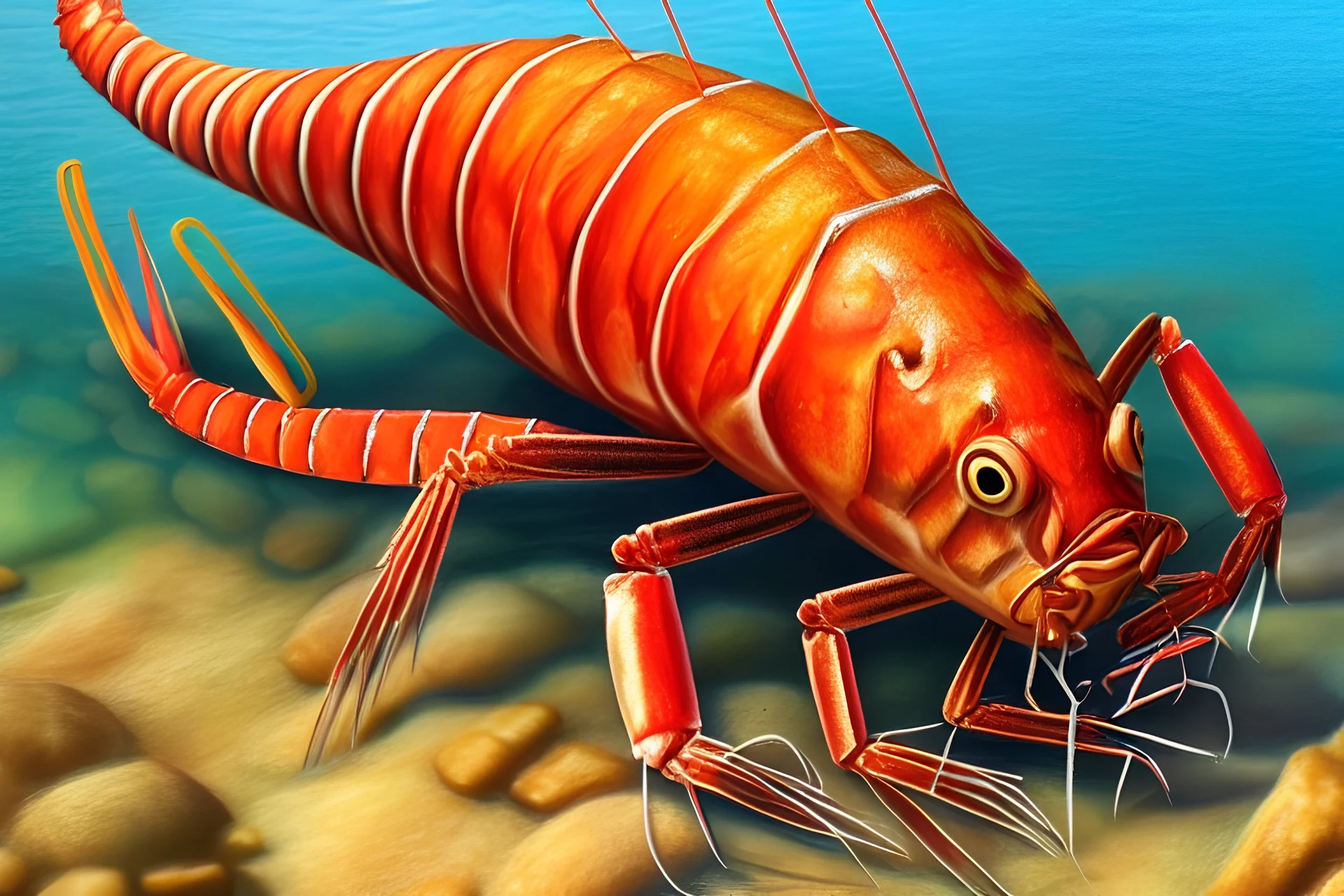 fine color pencil, nautical illustration book cover design, realistic sketch of a king prawn, 3d depth effect shadows, ambient occlusion, intricate, detailed, small minutiae, tiny features, particulars, toned colours, autocontrast, dynamic range, white parchment canvas