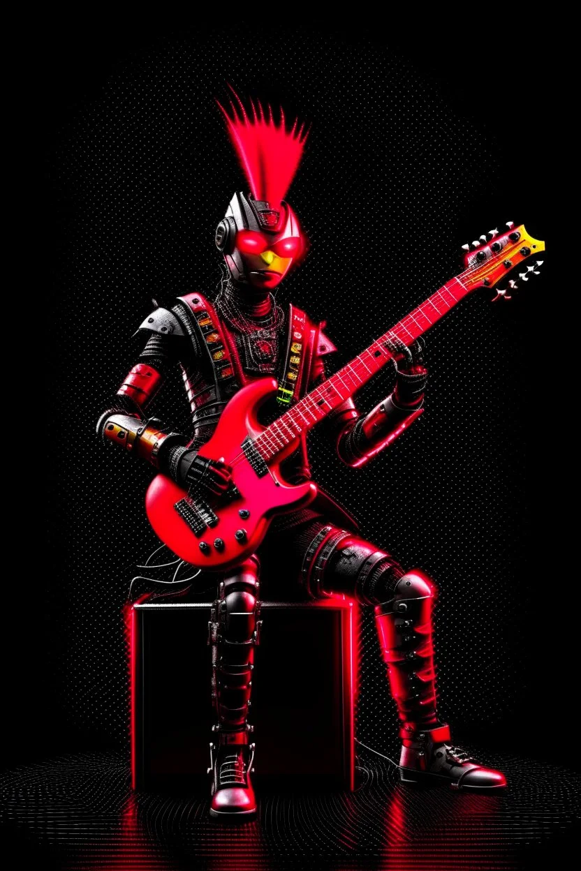 A robot, like a Terminator, with a red punk crest playing bass, black background, flames all around him.