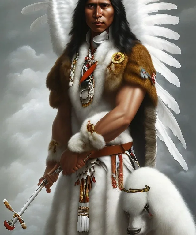 Athahualpa, native american warrior, long black hair, big muscles, white fabric coat like wings