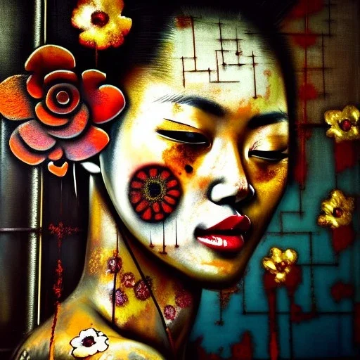 an abstract painting of rusted metal and flowers, beautiful smiling Yakuza Woman portrait, with fullbody japanese realistic tattoes, realistic,rust, scaffolding, iron cladding, decay, mixed media, textured, anatomically correct, beautiful perfect face, sharp focus, highly detailed by Johannes Vermeer 8k