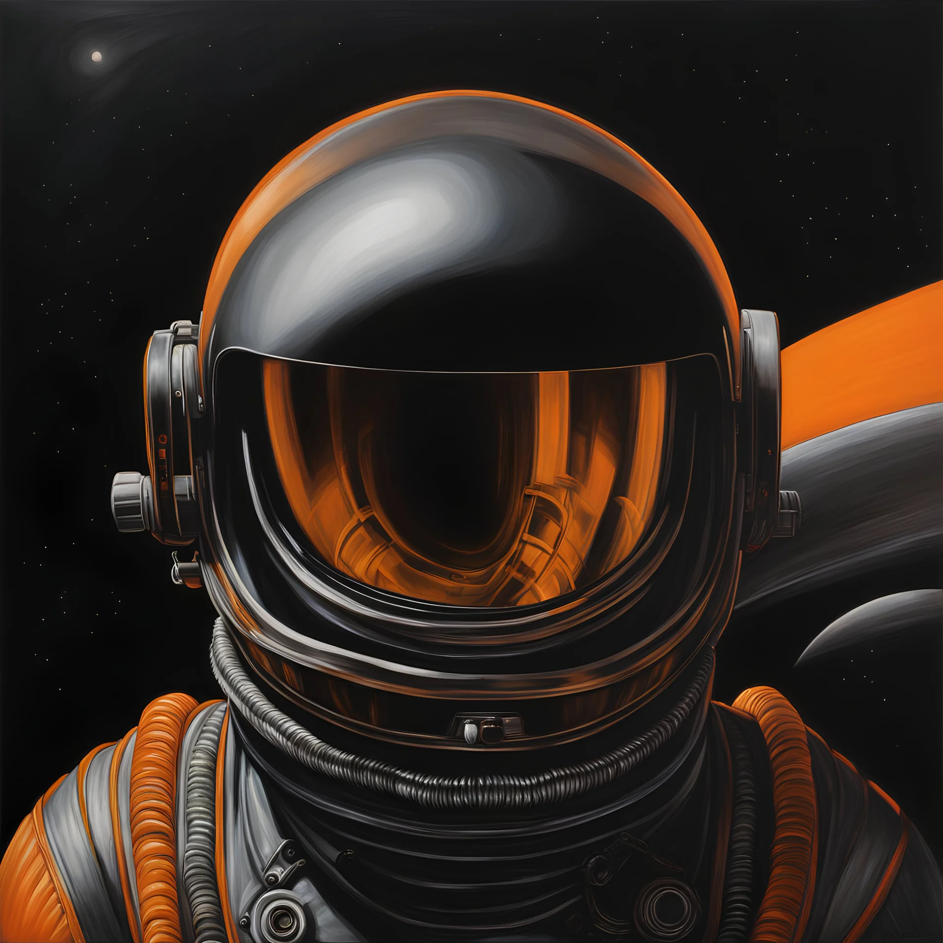 an oil painting by H. R. Giger of an astronaut's helmet and visor on the black background, the face is seen through it, there’s orange light coming from inside the space suit, dark lighting, minimalistic design, dark colors, horror art --ar 51:64 --v 5. 2