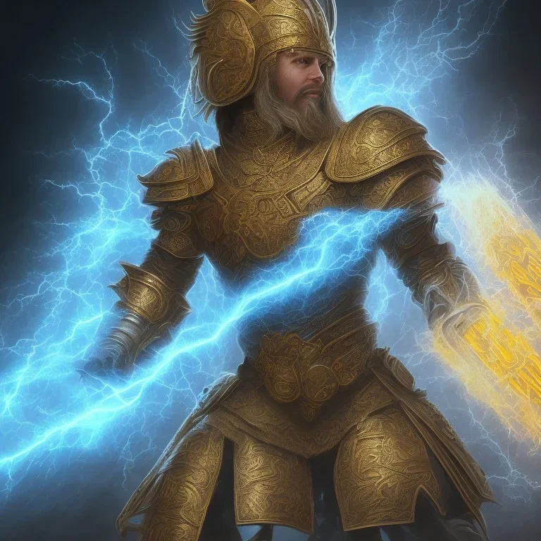 lightning, angry warrior in Blue and yellow battle armor with electric bolts of lightning, a highly detailed illustration, background of Inka jungle, realistic render, 8 k, micro detail, intricate, elegant, centered, digital painting, Artstation, smooth, sharp focus, illustration, artgerm, tomasz alen kopera, peter mohrbacher, donato giancola, joseph christian leyendecker, wlop, boris vallejo