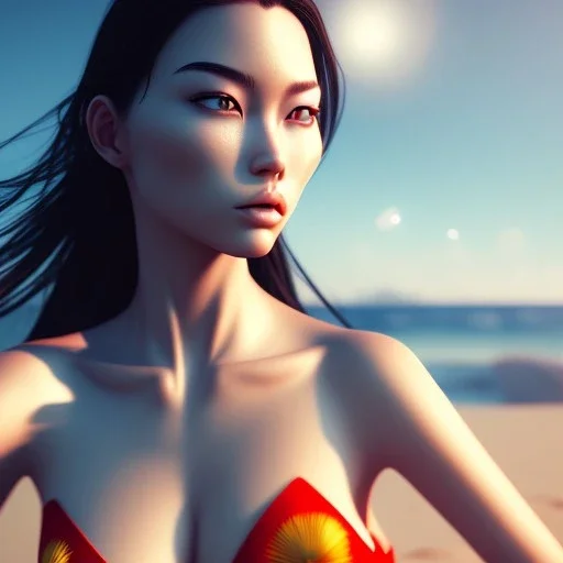 Asian women on the beach hot day atmospheric, realistic, unreal engine, lighting, octane render, perfect face, lips full, full body,