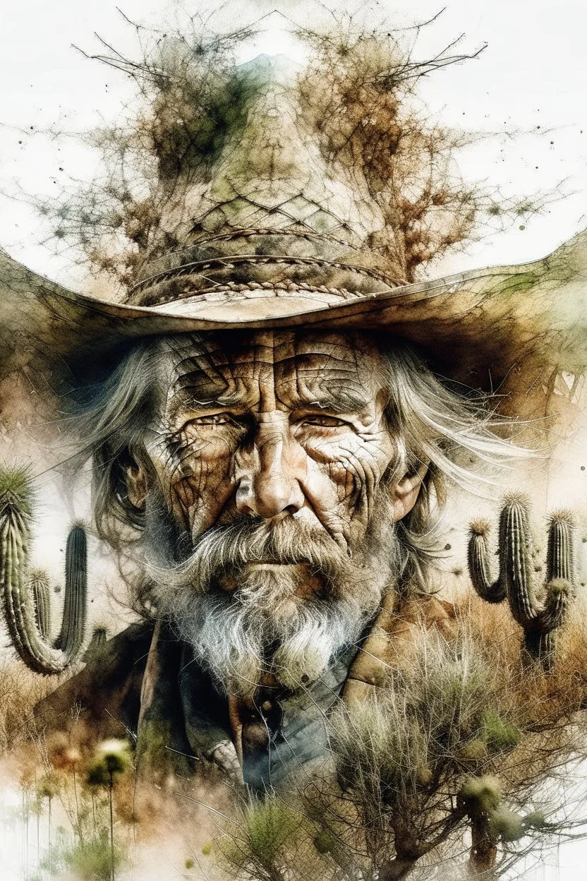 The old Cowboy of the Desert, double exposure cowboy face formed by a old weatheredmud hut with cactus and tumbleweeds around it, watercolor by Jean-Baptiste Monge and Yossi Kotler, Modifiers: sharp focus extremely detailed intricate oil on canvas portrait hyperrealistic high definition crisp quality