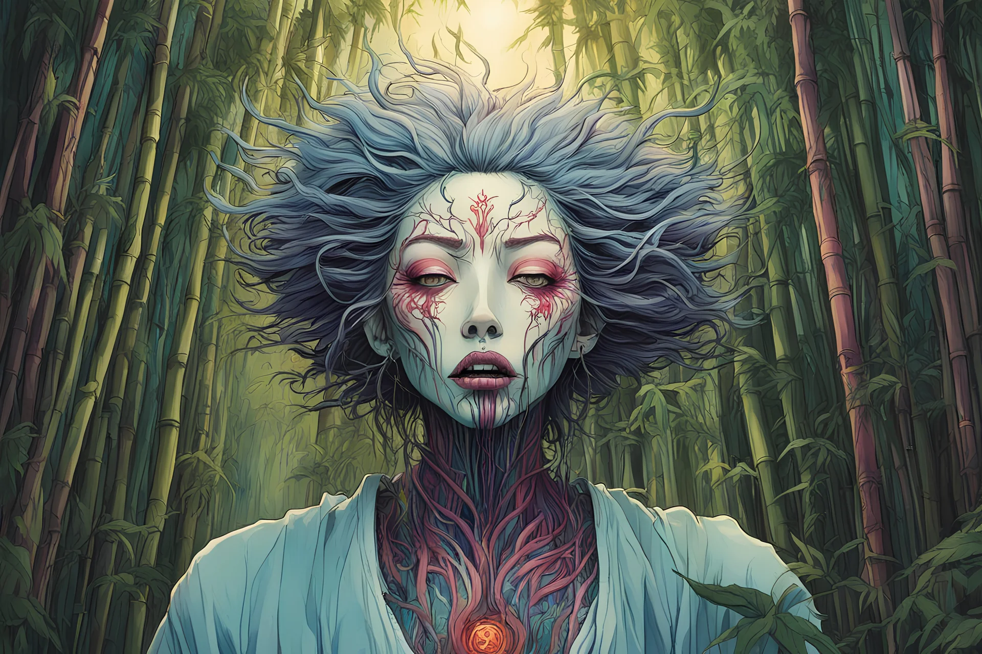 full color front facing full body portrait of a spirit possessed womanl with highly detailed hair and slim, narrow facial features, trekking through haunted mountain bamboo forest, pierced by shafts of early evening light , danger lurks everywhere but she is undeterred and resolute in her purpose, art in the style of spirited away, studio ghibli, Alex Pardee, 8k , finely detailed and precise line work, soft gauzy pastel colors