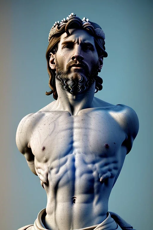 Ultra Realistic image, classical renaissance sculpture, white marble material, Lionel Messi god, Laurel leaves crown, miguel angel style, chisel style, emperor, waist up portrait, epic, celestial, cinematic lighting, God light, god rays, 4k resolution, smooth details, ornate details, soft lighting, unreal engine 5, sky background.