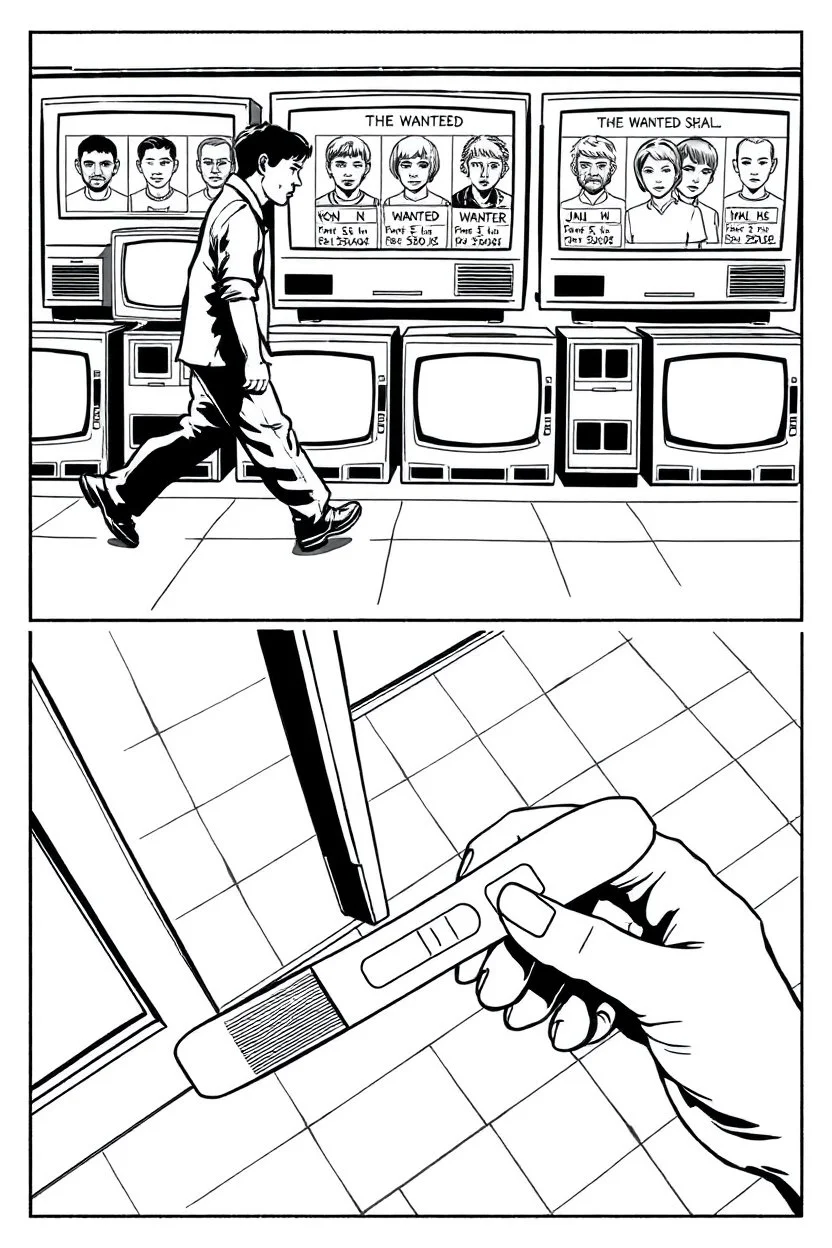 uncolored comic book page: top panel(ban walking past a display of televisions on which a bulletin of wanted criminals mugshots appears), bottom panel(pov a woman's hand holding a pregnancy test that shows a positive result, tile floor below), panels divided at an angle