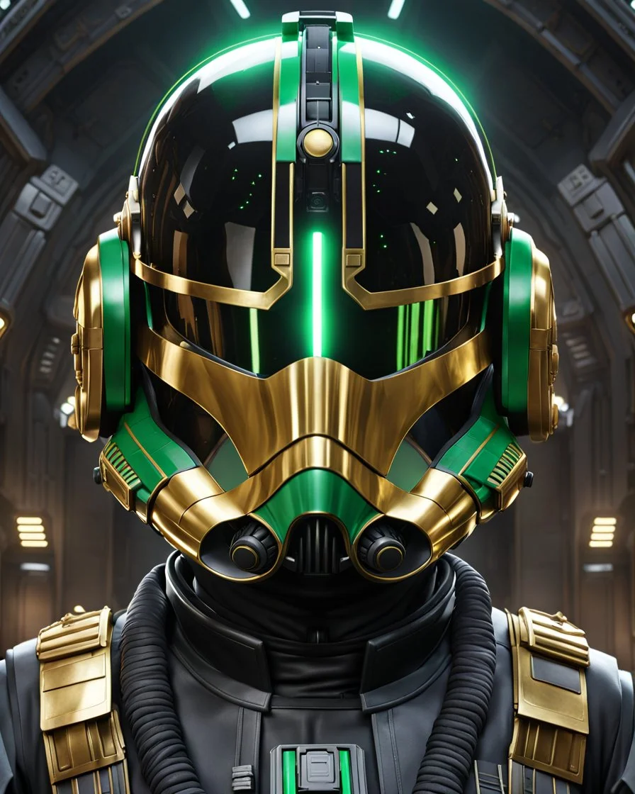 star wars bald male corellian pilot wearing black and bright gasoline green First Order special forces TIE pilot commando armored flightsuit and helmet with gold trim inside the jedi temple, centered head and shoulders portrait, hyperdetailed, dynamic lighting, hyperdetailed background, 8k resolution, volumetric lighting, light skin, fully symmetric details