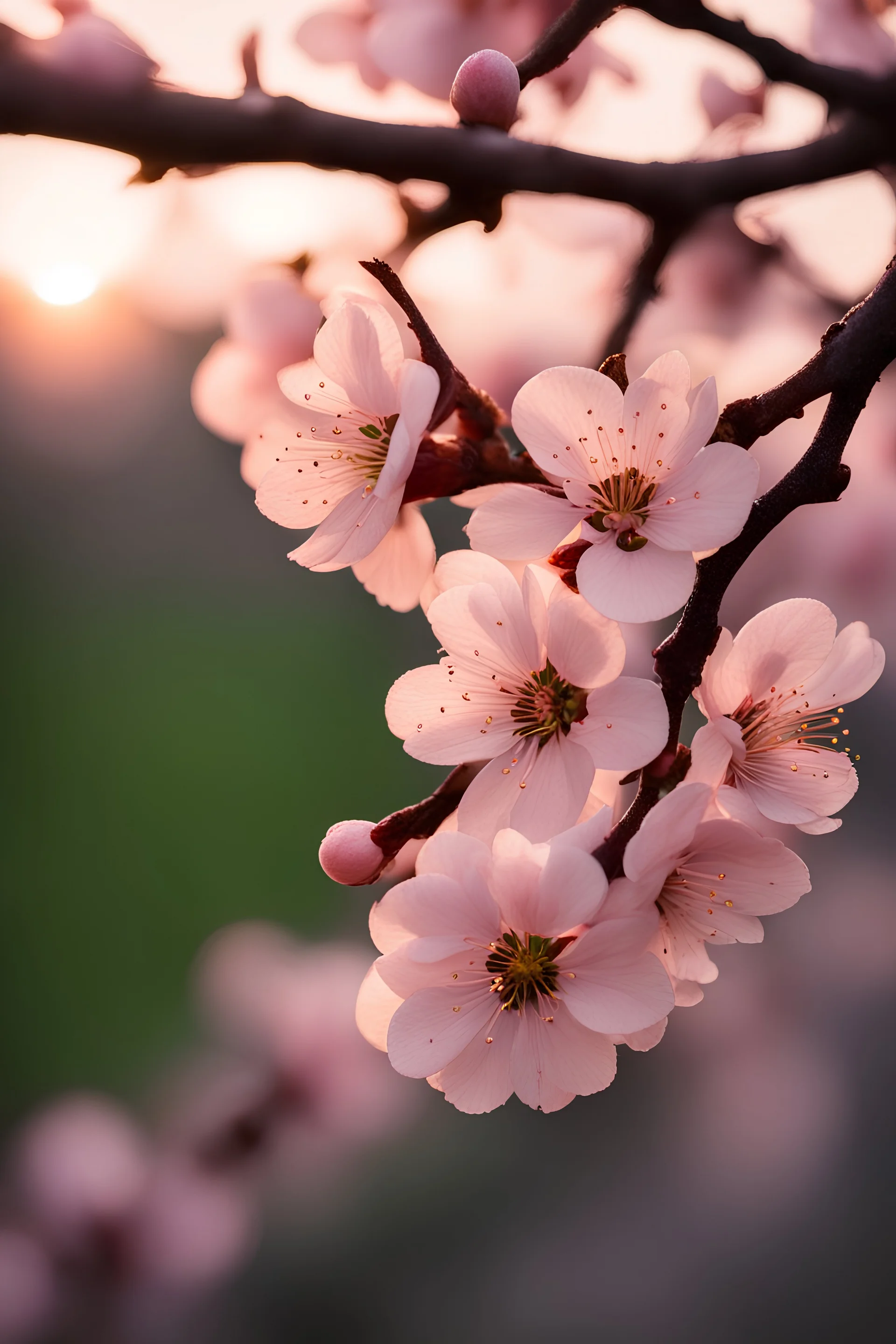 Plum blossoms, light pink, sunset light, f/1.8, 35mm, Canon DSRL 5 Lens, cinematic lightning