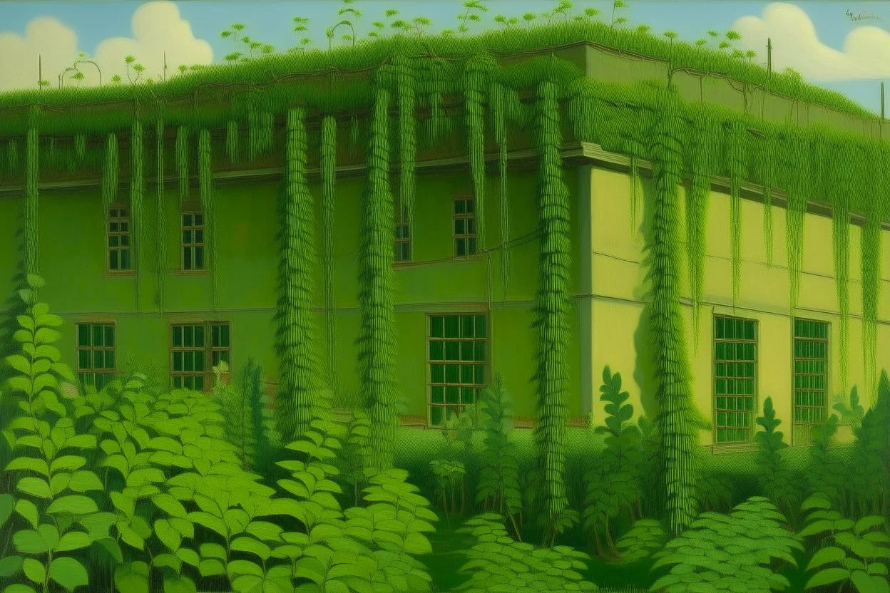 A green warehouse with overgrown vines painted by Henri Rousseau