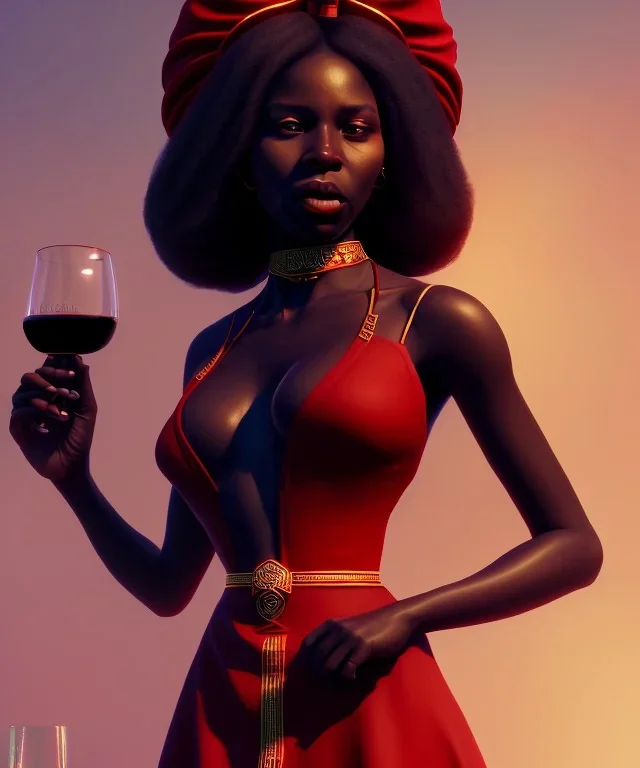 Negra Francisca, beautiful, curvy body, African slave, simple red fabric dress, beautiful long black hair, red headband, head and shoulders portrait, holding glass of wine, 8k resolution concept art portrait by Greg Rutkowski, Unreal Engine 5 volumetric lighting