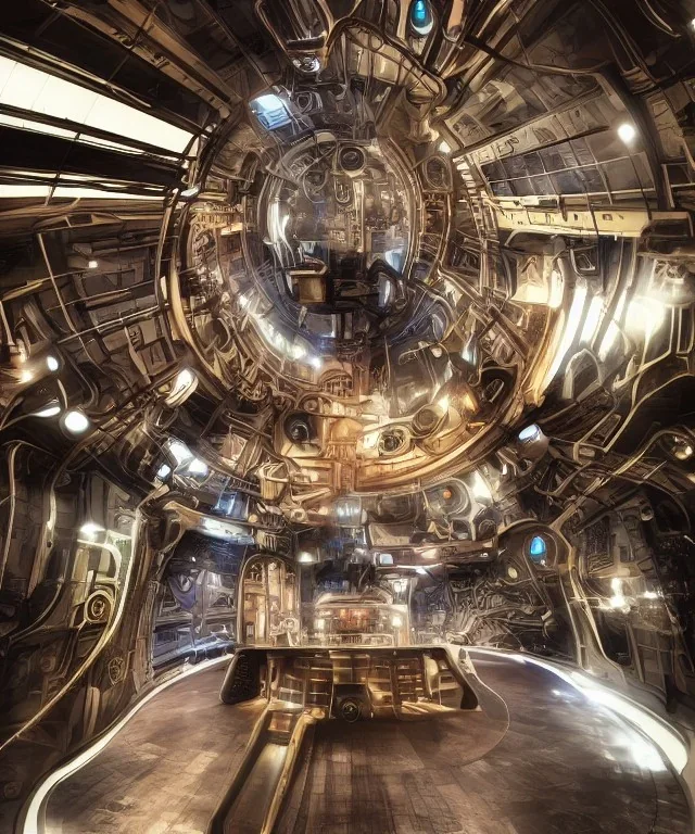 Inside a futuristic steampunk space ship