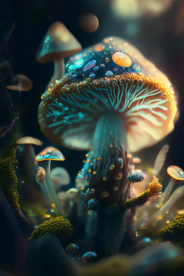 fungoid portrait in fungus garden, little pixies, hi detail, 4k, clear focus, depth of field, color correction, studio quality, backlight