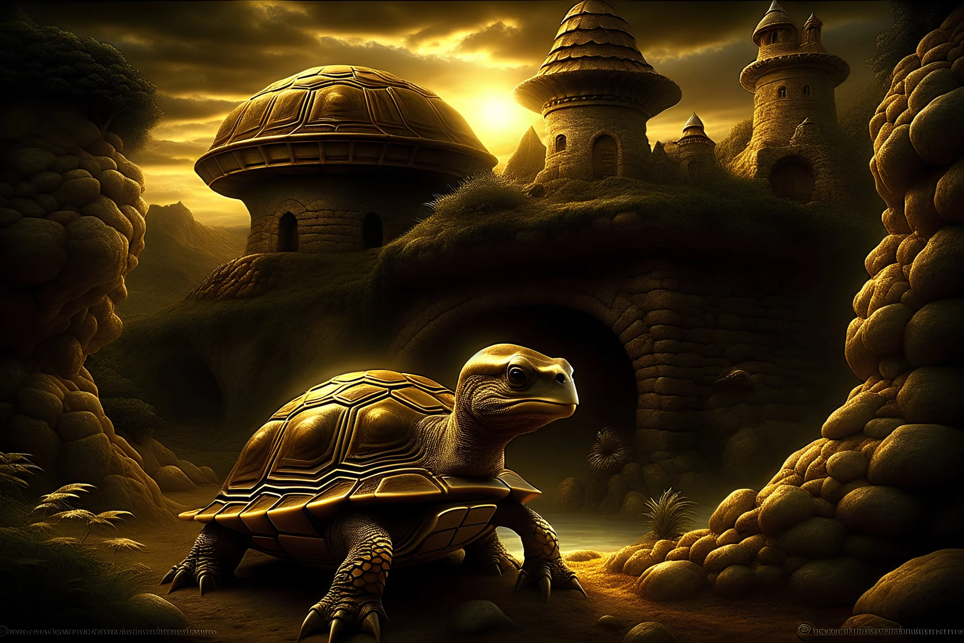 Digital art, high quality, digital masterpiece, natural illumination, night,night illumination, spotlight, realistic, film style, beautiful, (full body:3), (1 big ancient Tortoise with towers on shell:3), (stoic face:1.8), (Towers on the shell:1.8), (In a cave:1.5), (Crown:1.6), (Dark:2), perfect hands