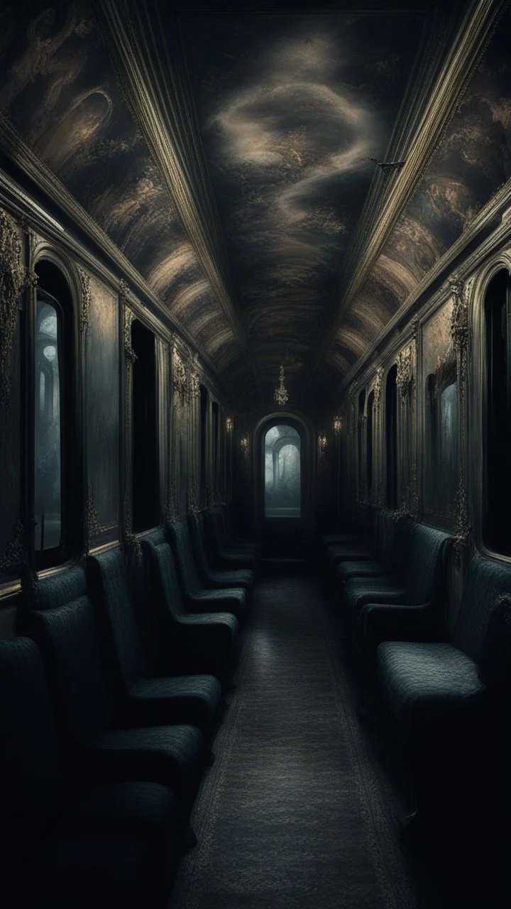 a sleepless night inside a dark train in a delusional state haunted by ghostly images, paint it in the baroque style, as if the man is horrified