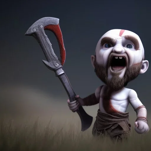 Cute baby video game god of war krotos, holding axe, mytology, 8k resulation, cinematic, cinema4d, hyper detailed, cinamtic lighting, octane render, unreal engine 5, realistic