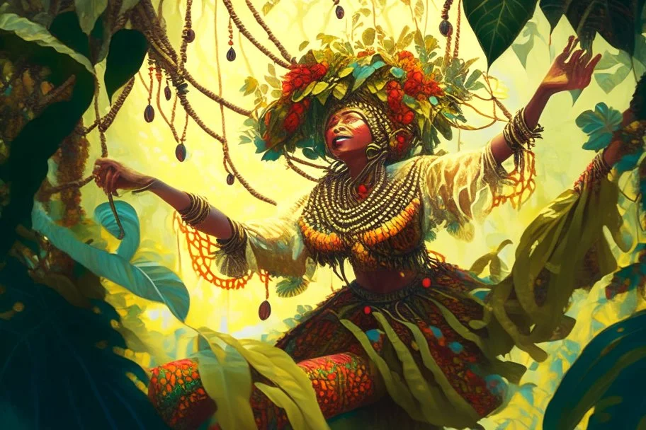 a lush jungle, a woman dressed in embroidered folk costume with a beaded bonnet on her head holding on to a vine with one hand while swinging across and reaching for the next vine with the other, dynamic movement, sunshine