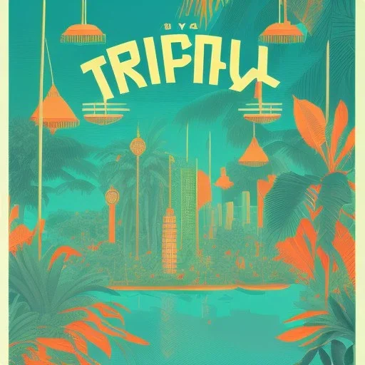 tropical city, latino, plants, streets, risograph poster, flat design, 2 colors