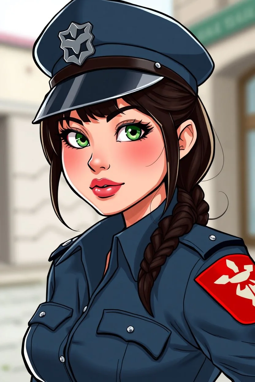 In a realistic, non-anime, vintage cartoon style: Bust shot of 35-year old, chubby Scandinavian dark-haired lady with green eyes and very thick lips who looks hot in police uniform