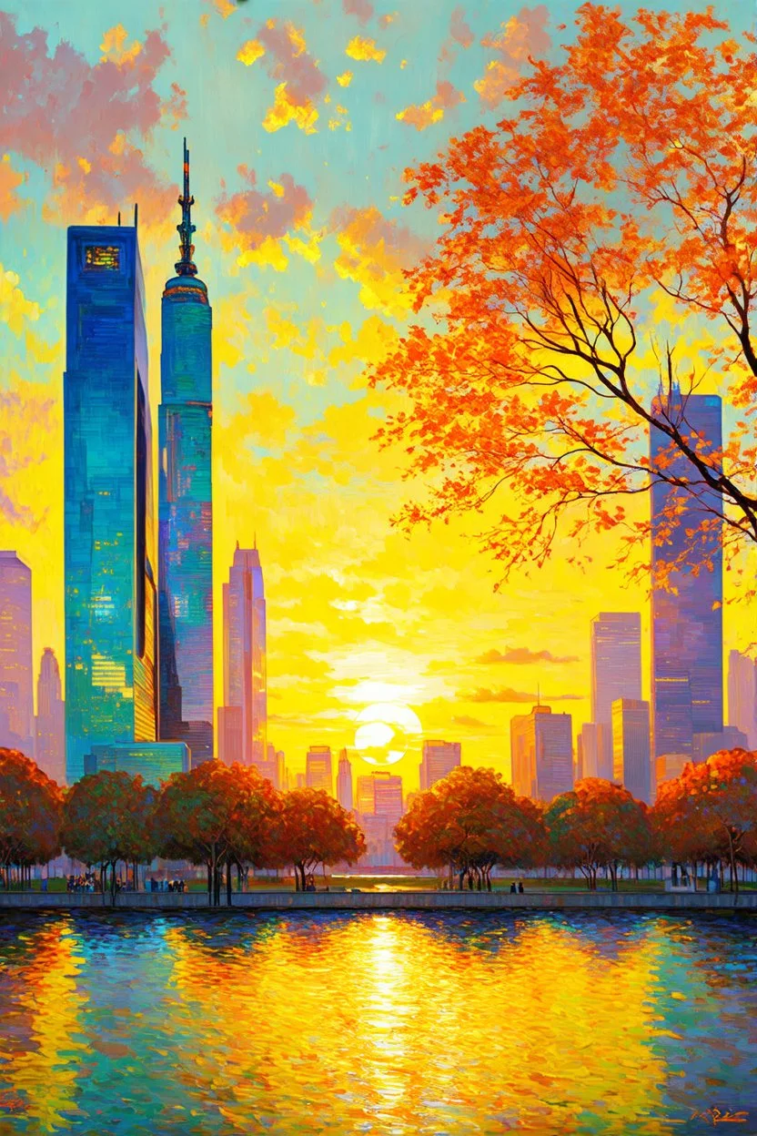 sunset, buildings, lake, city, park, trees, cyberpunk, distopic, sci-fi, claude monet impressionism paintings