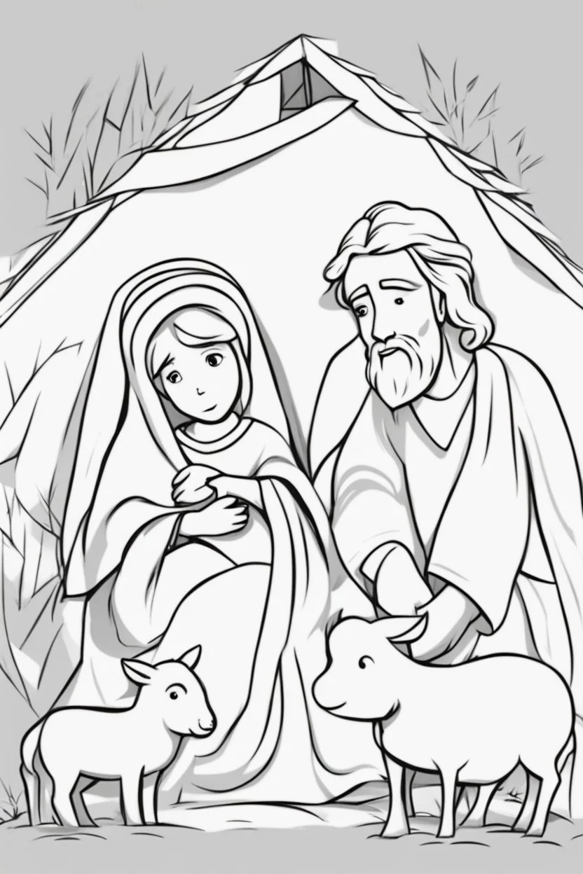 cartoon style, only strokes black white, simple lines, baby Jesus lying in a manger, mary and joseph, barn animals, the 3 wise men, white backgrond, white hair and beard, biblical characters, no grayscale